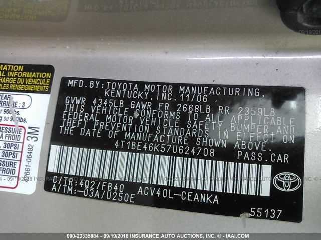 4T1BE46K57U624708 - 2007 TOYOTA CAMRY NEW GENERAT CE/LE/XLE/SE GOLD photo 9