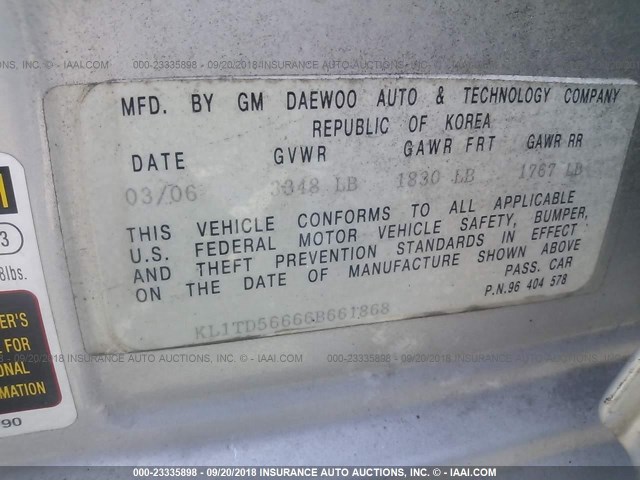 KL1TD56666B661868 - 2006 CHEVROLET AVEO LS SILVER photo 9