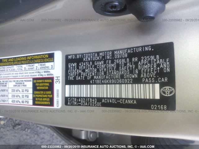 4T1BE46K89U360922 - 2009 TOYOTA CAMRY SE/LE/XLE 米色 照片 9