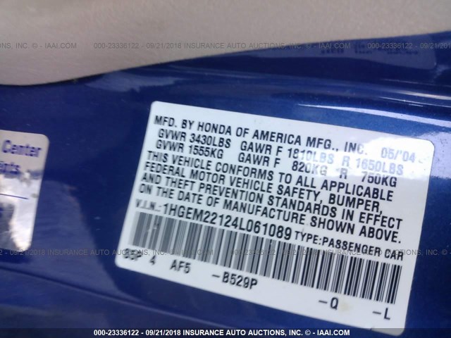 1HGEM22124L061089 - 2004 HONDA CIVIC DX VP BLUE photo 9