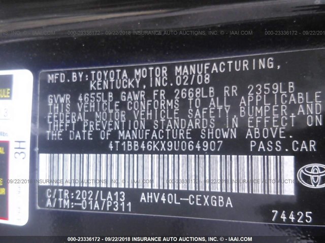 4T1BB46KX9U064907 - 2009 TOYOTA CAMRY HYBRID BLACK photo 9