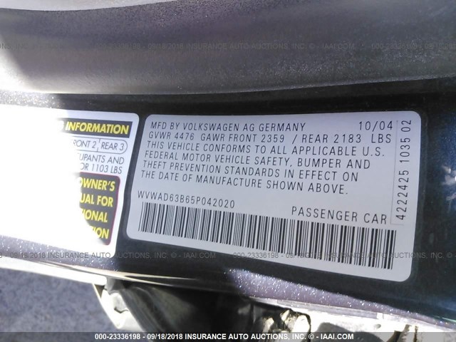 WVWAD63B65P042020 - 2005 VOLKSWAGEN PASSAT GLS GRAY photo 9