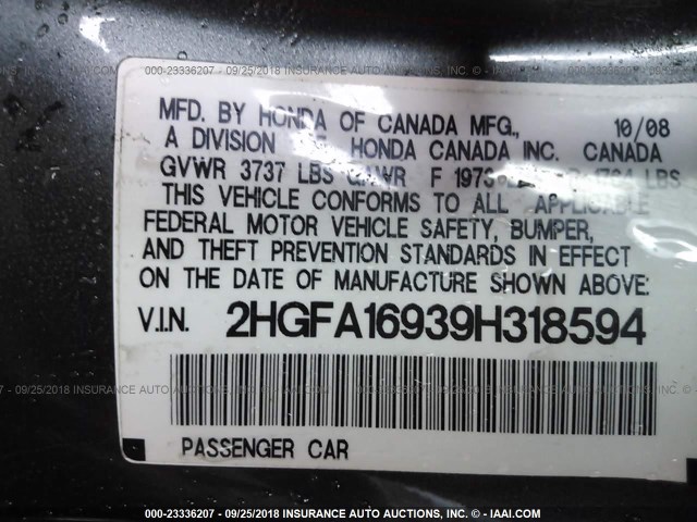 2HGFA16939H318594 - 2009 HONDA CIVIC EXL Boz foto 9