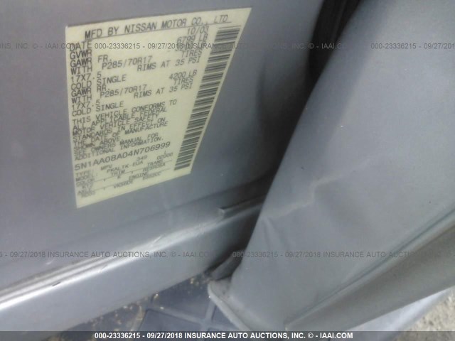 5N1AA08A04N706999 - 2004 NISSAN ARMADA SE/LE SILVER photo 9