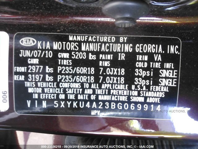 5XYKU4A23BG069914 - 2011 KIA SORENTO EX BURGUNDY photo 9