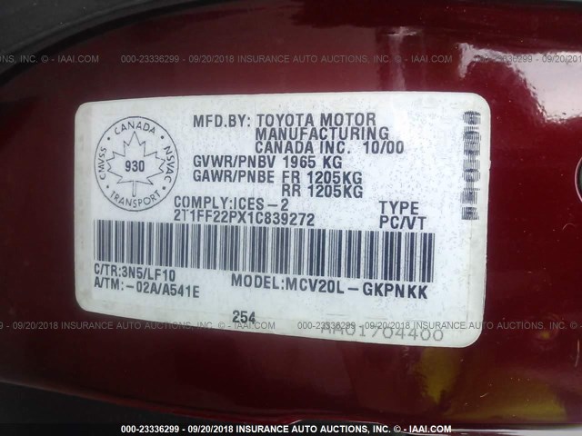 2T1FF22PX1C839272 - 2001 TOYOTA CAMRY SOLARA SE/SLE წითელი ფოტო 9