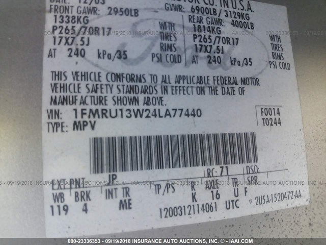 1FMRU13W24LA77440 - 2004 FORD EXPEDITION XLS SILVER photo 9