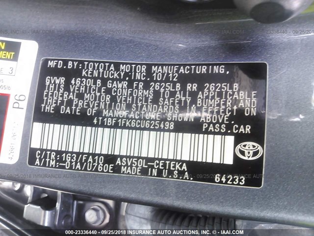 4T1BF1FK6CU625498 - 2012 TOYOTA CAMRY SE/LE/XLE GRAY photo 9