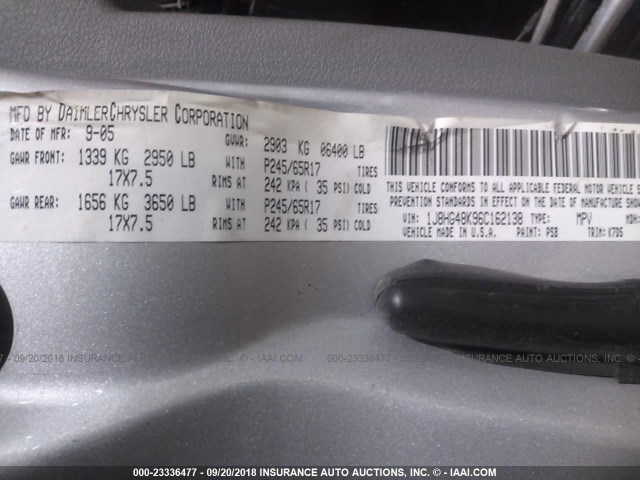 1J8HG48K96C162138 - 2006 JEEP COMMANDER SILVER photo 9