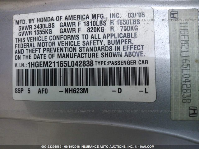 1HGEM21165L042838 - 2005 HONDA CIVIC DX VP Gümüş foto 9