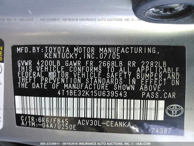 4T1BE32K15U639543 - 2005 TOYOTA CAMRY LE/XLE/SE Бежевый фото 9