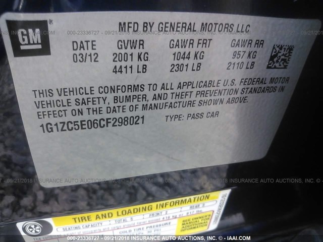 1G1ZC5E06CF298021 - 2012 CHEVROLET MALIBU 1LT BLUE photo 9