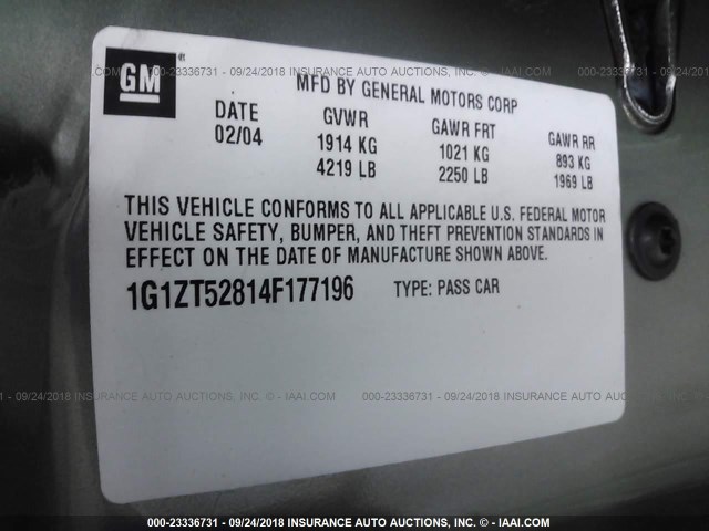 1G1ZT52814F177196 - 2004 CHEVROLET MALIBU LS მწვანე ფოტო 9