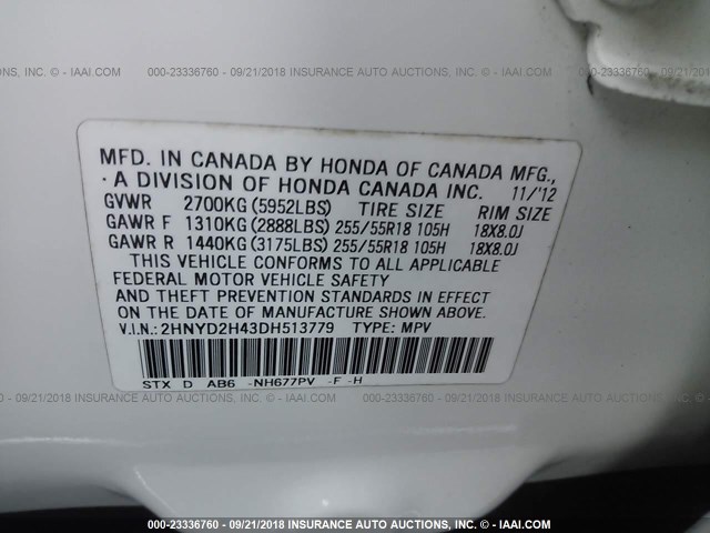 2HNYD2H43DH513779 - 2013 ACURA MDX TECHNOLOGY WHITE photo 9