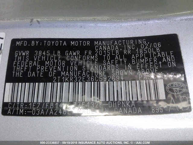 2T1KR32E36C592694 - 2006 TOYOTA COROLLA MATRIX XR SILVER photo 9