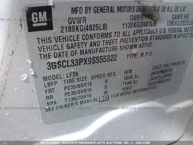 3GSCL33PX9S555322 - 2009 SATURN VUE XE SILVER photo 9