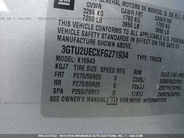 3GTU2UECXFG271934 - 2015 GMC SIERRA K1500 SLE SILVER photo 9