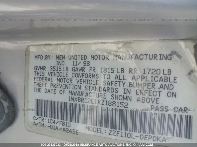 1NXBR12E1XZ188152 - 1999 TOYOTA COROLLA VE/CE/LE 银色 照片 9