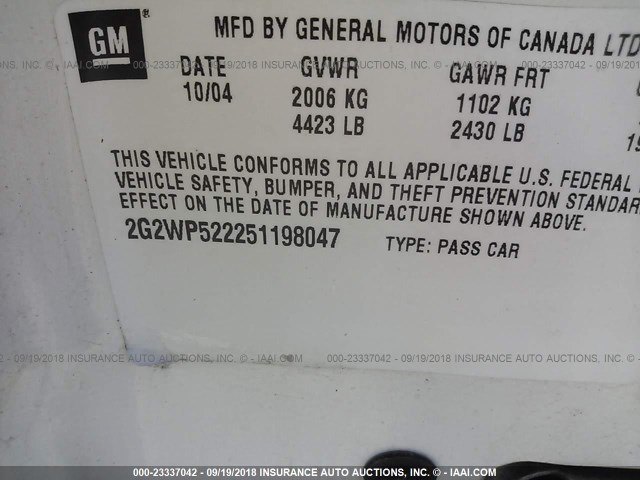 2G2WP522251198047 - 2005 PONTIAC GRAND PRIX WHITE photo 9