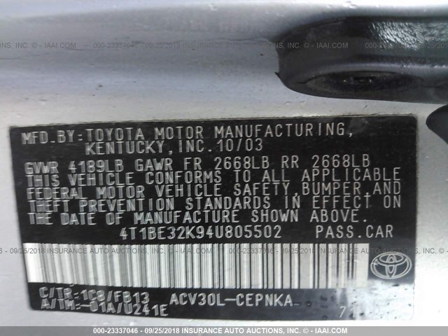 4T1BE32K94U805502 - 2004 TOYOTA CAMRY LE/XLE/SE Күміс фото 9