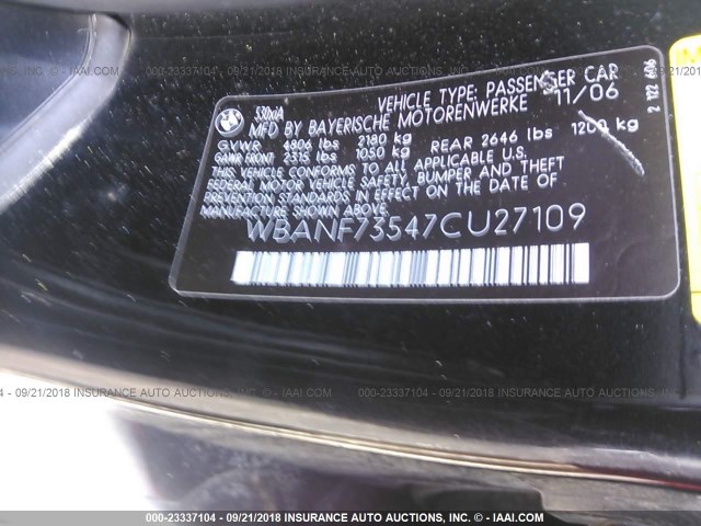 WBANF73547CU27109 - 2007 BMW 530 XI BLACK photo 9