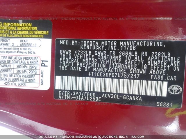 4T1CE30P07U757217 - 2007 TOYOTA CAMRY SOLARA SE/SLE Qırmızı foto 9