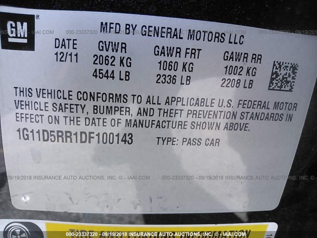 1G11D5RR1DF100143 - 2013 CHEVROLET MALIBU 1LT BLACK photo 9