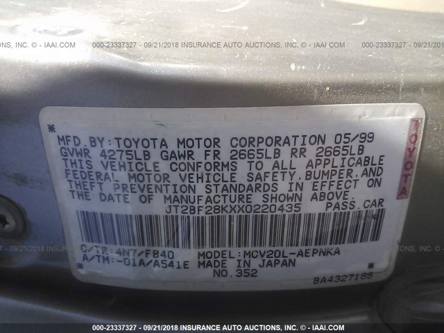 JT2BF28KXX0220435 - 1999 TOYOTA CAMRY LE/XLE GOLD photo 9