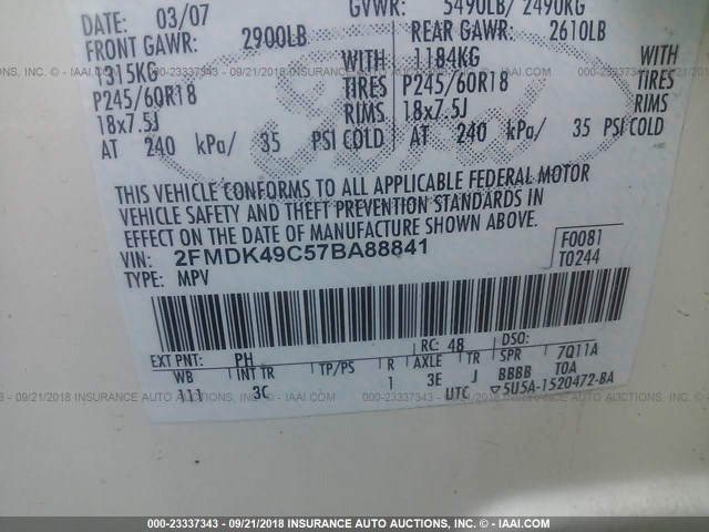 2FMDK49C57BA88841 - 2007 FORD EDGE SEL PLUS CREAM photo 9