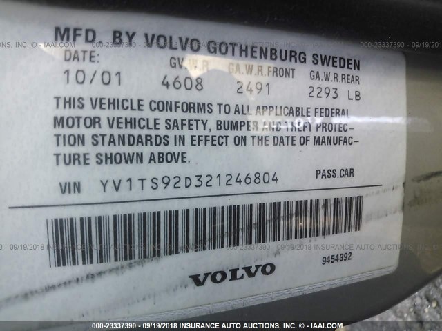 YV1TS92D321246804 - 2002 VOLVO S80 BLACK photo 9