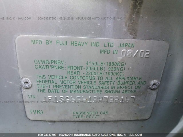 JF1SG65613H732167 - 2003 SUBARU FORESTER 2.5XS ვერცხლისფერი ფოტო 9