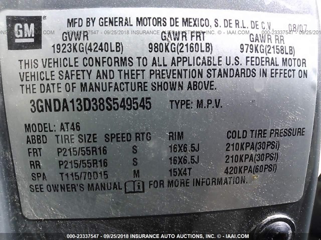 3GNDA13D38S549545 - 2008 CHEVROLET HHR LS GRAY photo 9