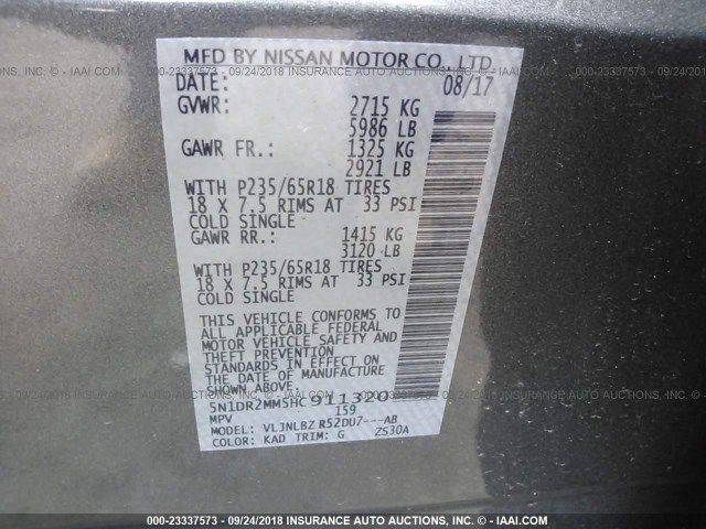 5N1DR2MM5HC911320 - 2017 NISSAN PATHFINDER S/SV/SL/PLATINUM GRAY photo 9