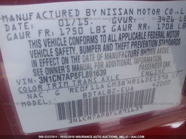 3N1CN7AP8FL891639 - 2015 NISSAN VERSA S/S PLUS/SV/SL RED photo 9