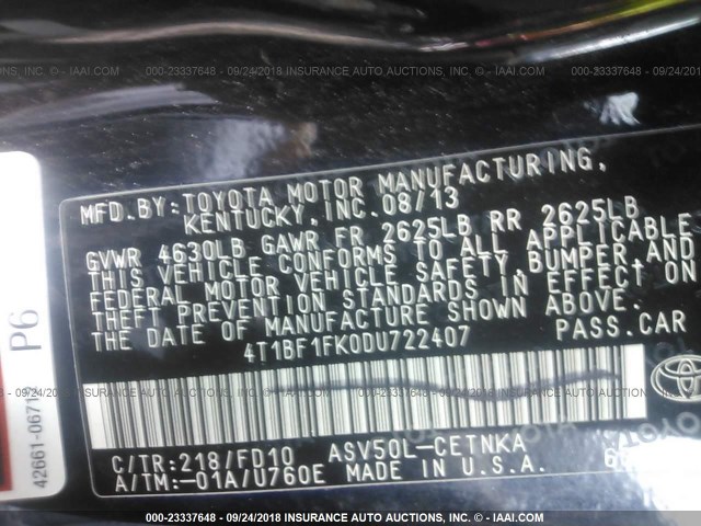 4T1BF1FK0DU722407 - 2013 TOYOTA CAMRY L/SE/LE/XLE შავი ფოტო 9