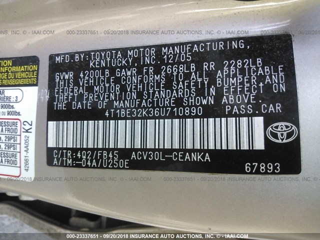 4T1BE32K36U710890 - 2006 TOYOTA CAMRY LE/XLE/SE Qəhvəyi foto 9