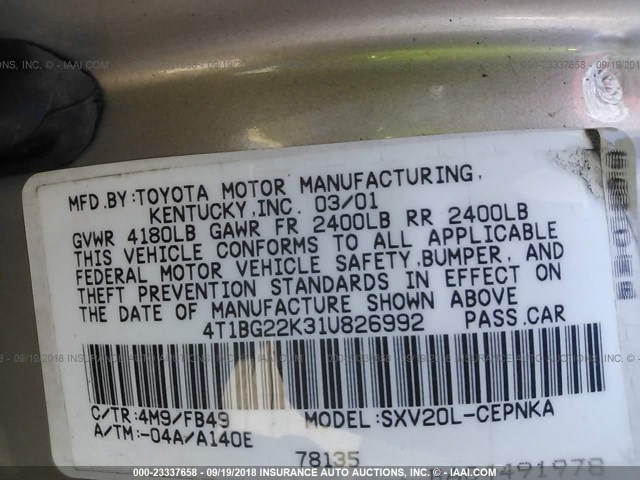 4T1BG22K31U826992 - 2001 TOYOTA CAMRY CE/LE/XLE GOLD photo 9