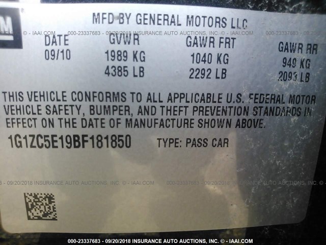 1G1ZC5E19BF181850 - 2011 CHEVROLET MALIBU 1LT BLACK photo 9