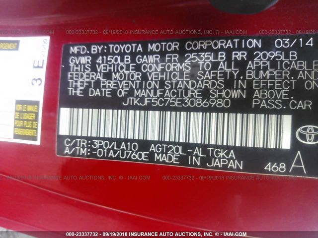 JTKJF5C75E3086980 - 2014 TOYOTA SCION TC 红色 照片 9