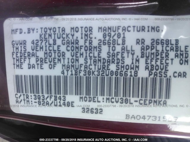 4T1BF30K32U006618 - 2002 TOYOTA CAMRY LE/XLE/SE MAROON photo 9