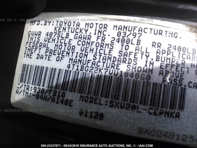 4T1BG22K7VU104060 - 1997 TOYOTA CAMRY CE/LE/XLE 灰色 照片 9