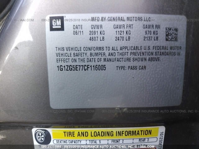 1G1ZG5E77CF116005 - 2012 CHEVROLET MALIBU LTZ 灰色 照片 9