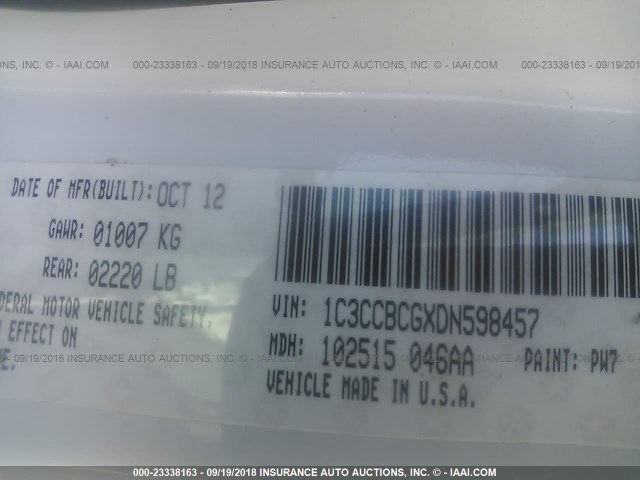 1C3CCBCGXDN598457 - 2013 CHRYSLER 200 LIMITED WHITE photo 9