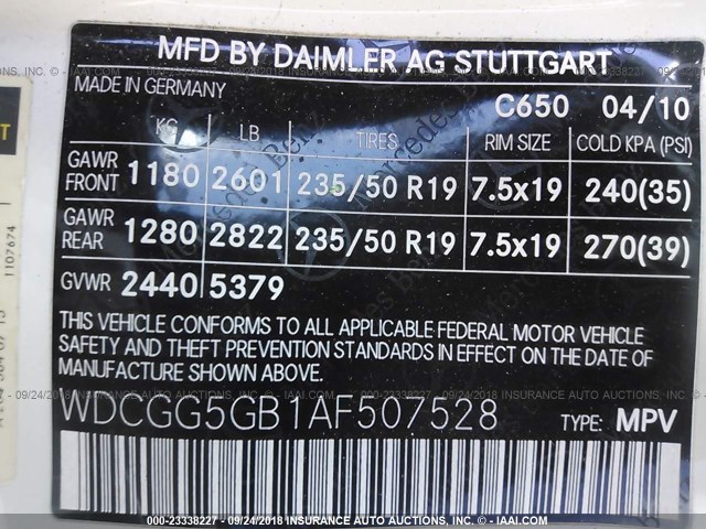 WDCGG5GB1AF507528 - 2010 MERCEDES-BENZ GLK 350 WHITE photo 9