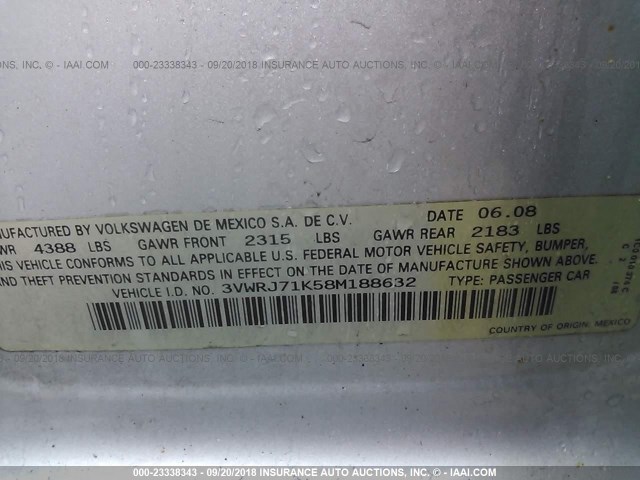 3VWRJ71K58M188632 - 2008 VOLKSWAGEN JETTA WOLFSBURG 银色 照片 9