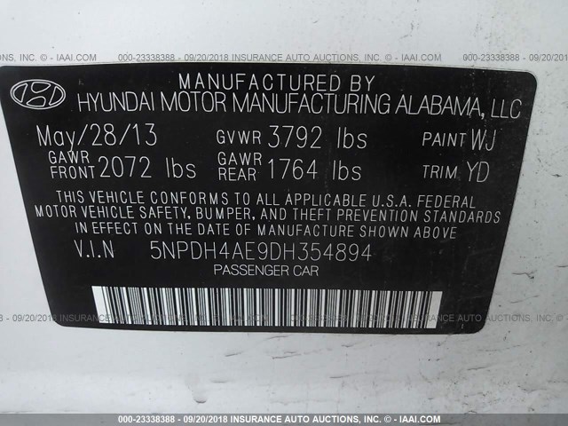 5NPDH4AE9DH354894 - 2013 HYUNDAI ELANTRA GLS/LIMITED WHITE photo 9