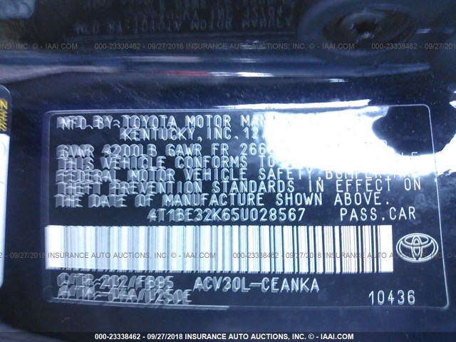 4T1BE32K65U028567 - 2005 TOYOTA CAMRY LE/XLE/SE Қара фото 9