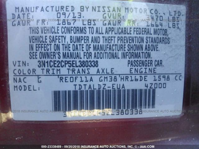 3N1CE2CP5EL380338 - 2014 NISSAN VERSA NOTE S/S PLUS/SV/SL RED photo 9