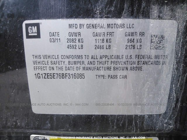 1G1ZE5E76BF316085 - 2011 CHEVROLET MALIBU LTZ 黑色 照片 9