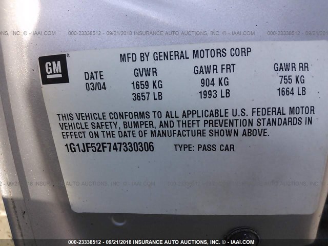 1G1JF52F747330306 - 2004 CHEVROLET CAVALIER LS SILVER photo 9